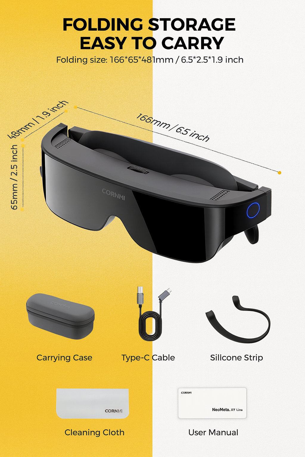 CORNMI NeoVista X7 Lite Smart 3D Head-Mounted Display – 800” Virtual Screen – 1080p Micro-OLED – 60 Hz – 750 nits – USB-C – Lightweight 8 oz – Black