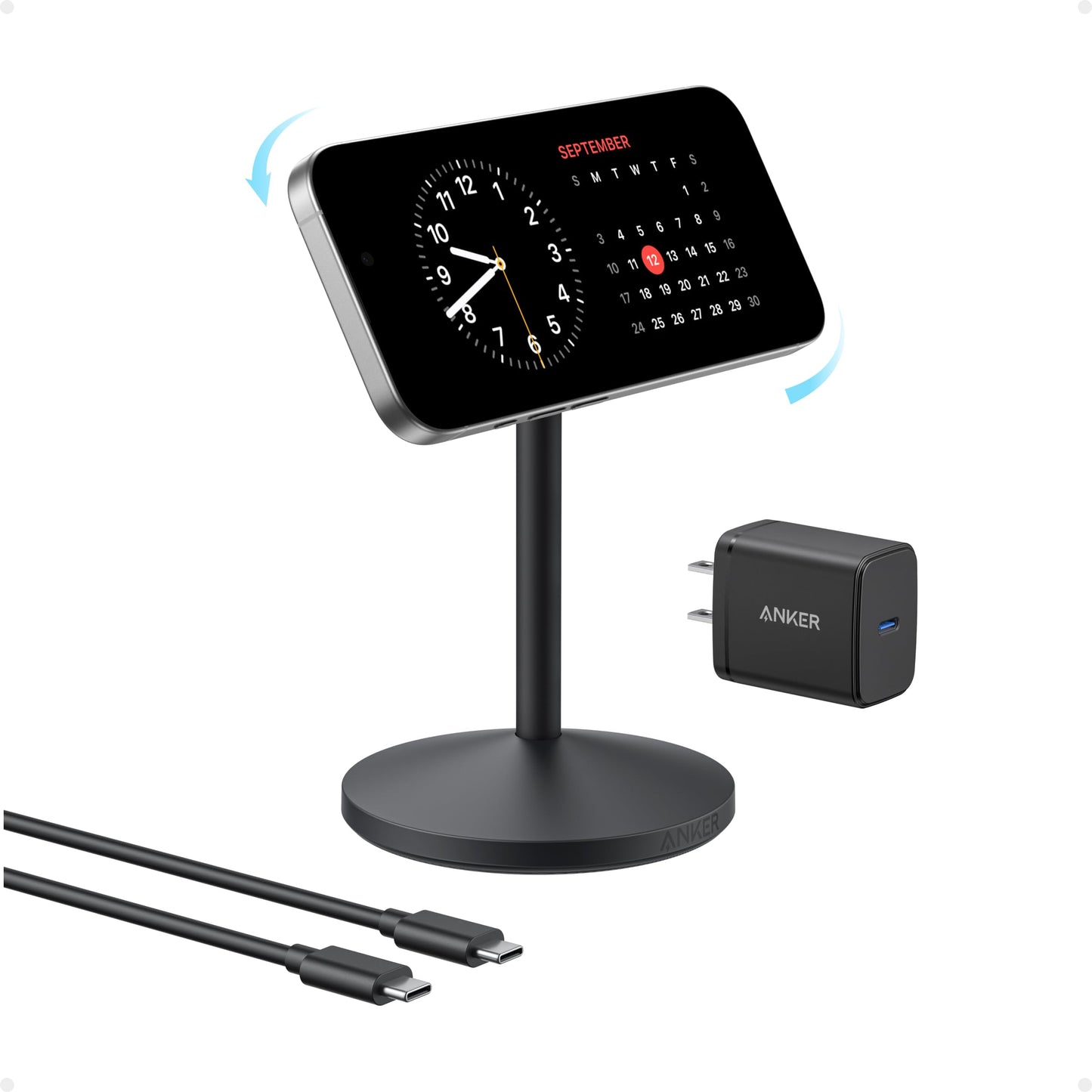 Anker MagGo Wireless Charger Stand With Adapter And Cable 15W MagSafe Compatible Hands Free 360 Degree Rotation
