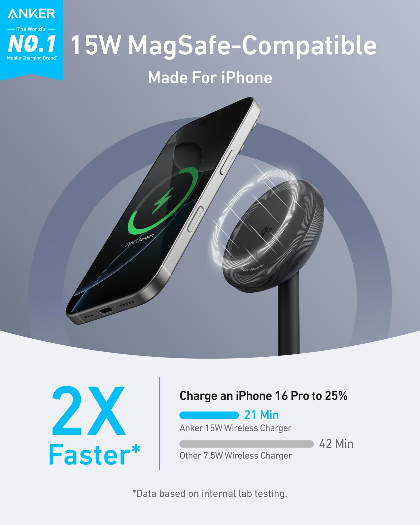 Anker MagGo Wireless Charger Stand With Adapter And Cable 15W MagSafe Compatible Hands Free 360 Degree Rotation