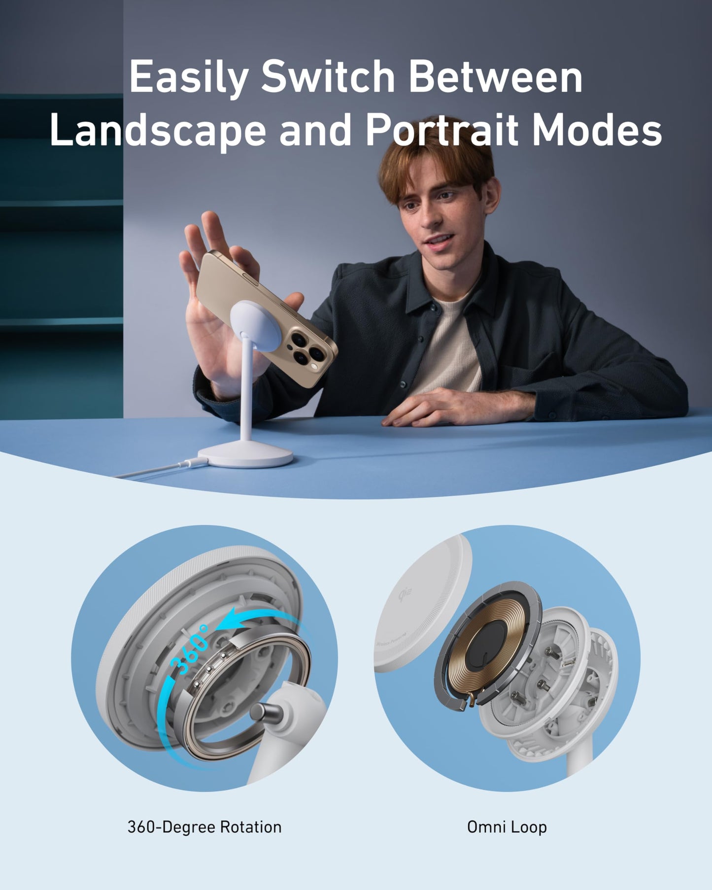 Anker MagGo Wireless Charger Stand With Adapter And Cable 15W MagSafe Compatible Hands Free 360 Degree Rotation