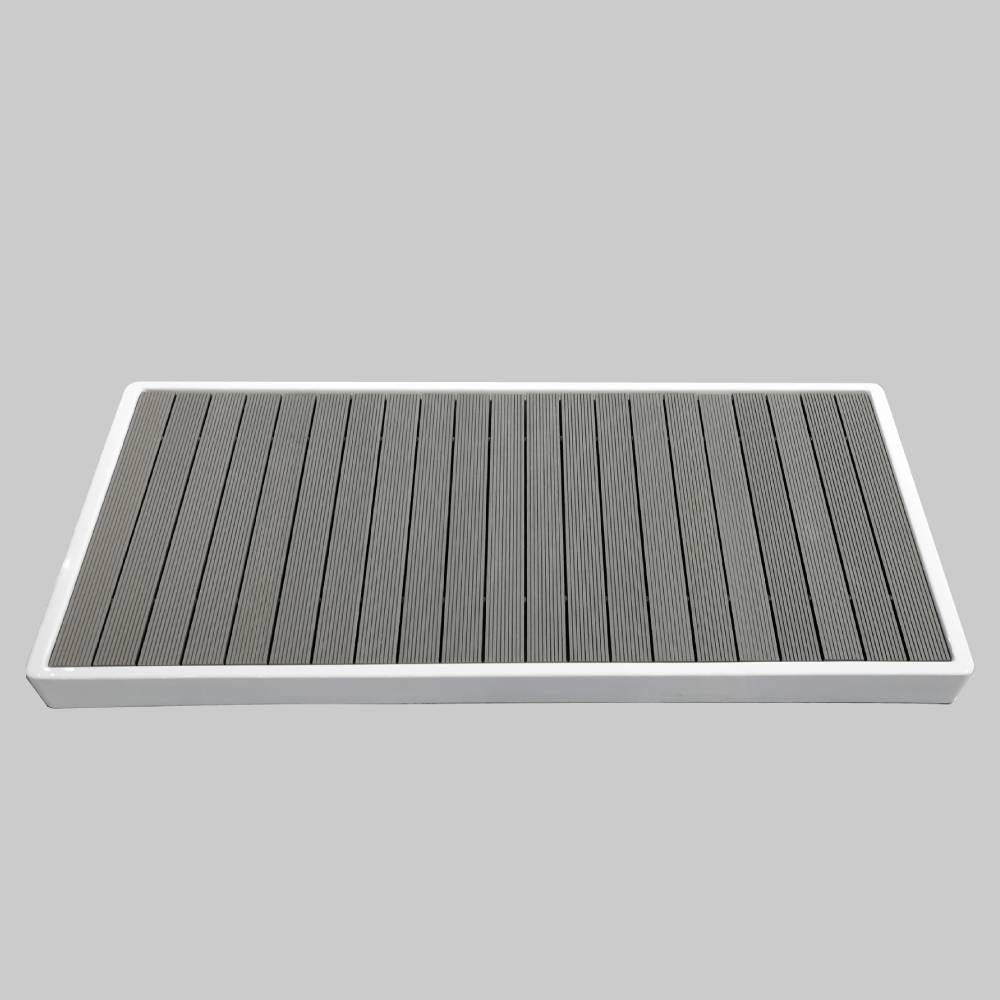 Rectangular acrylic cold plunge tub base with white frame and dark slatted deck, WiFi app control chiller