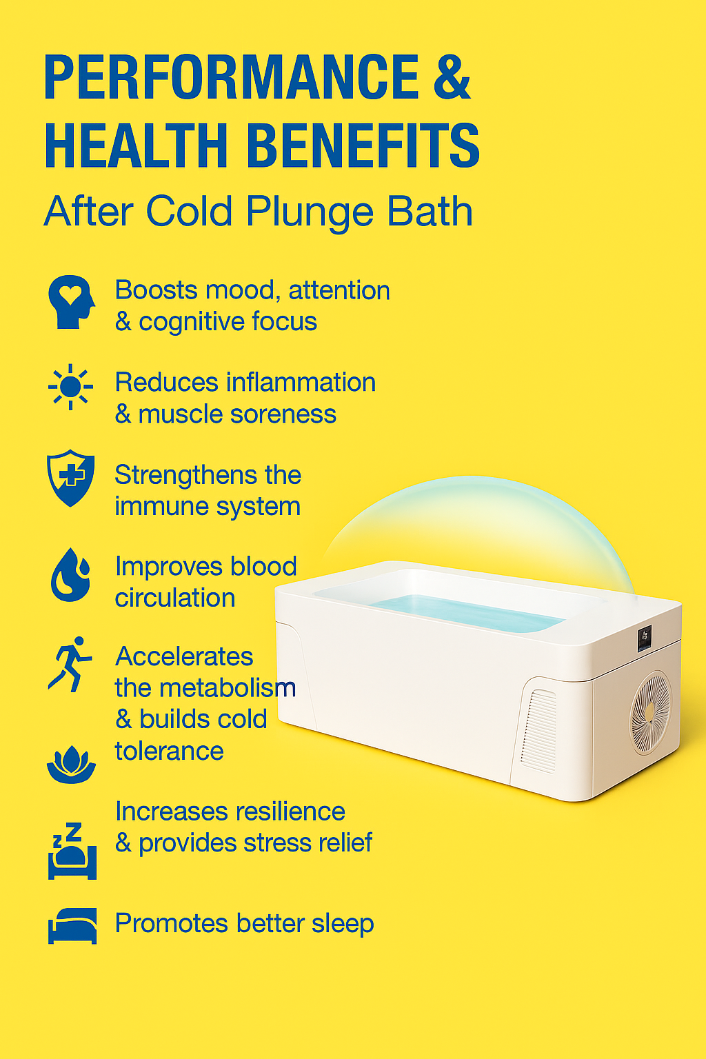 Promotional infographic for Acrylic Cold Plunge Tub With WiFi App Control Chiller highlighting health benefits.