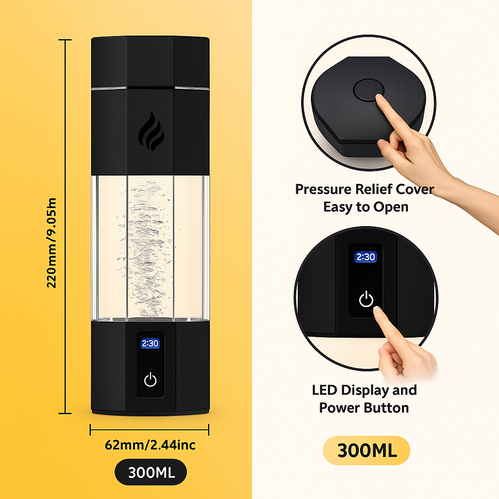 Hydrogen Water Bottle – 300ml | Ultra-High 10,000ppb | SPE/PEM Tech + Wireless Charging