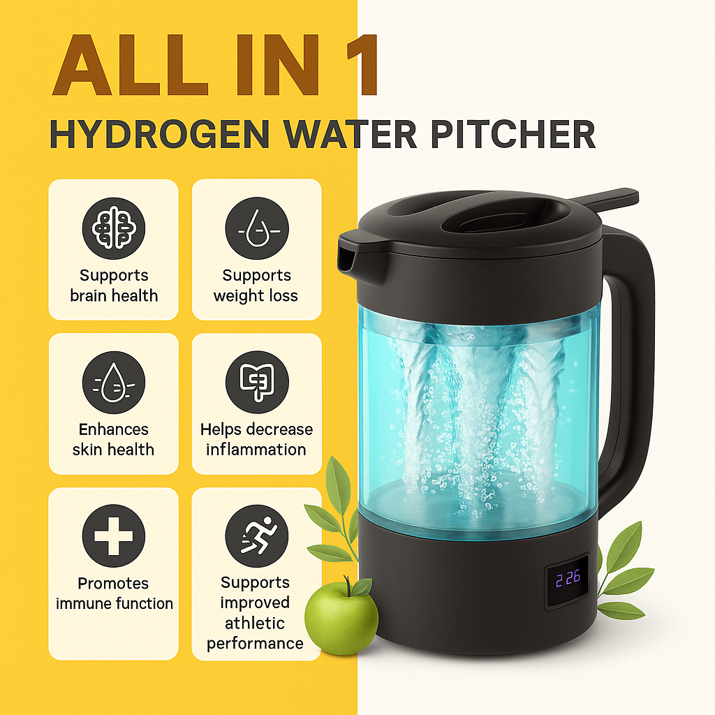Hydrogen Water Pitcher – 1.8L | Premium PEM/SPE Technology (Certified + 10,000mAh Rechargeable)