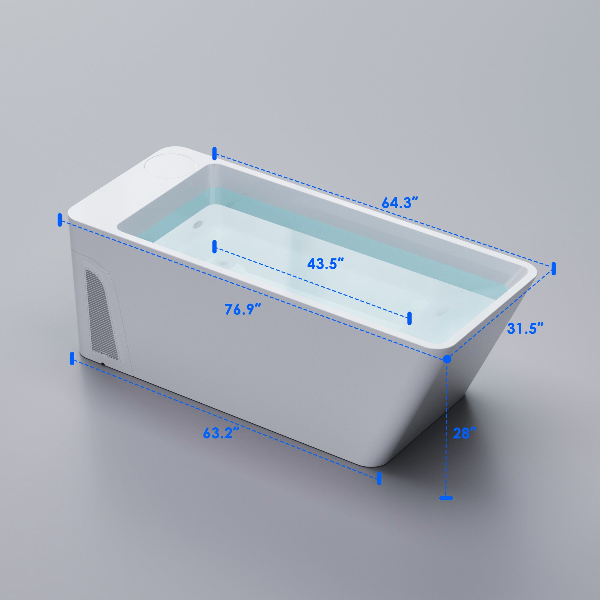 Acrylic cold plunge tub with WiFi app-controlled chiller, insulated walls for home or gym use.
