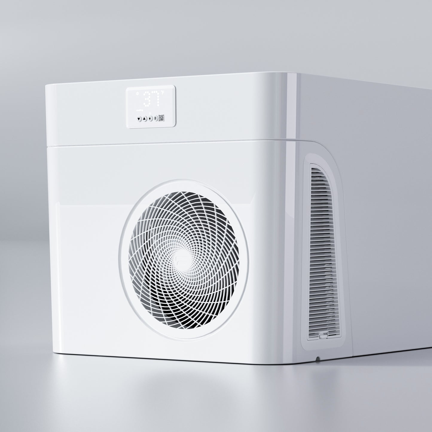 White acrylic cold plunge tub chiller with WiFi app control, digital display, and circular front fan.