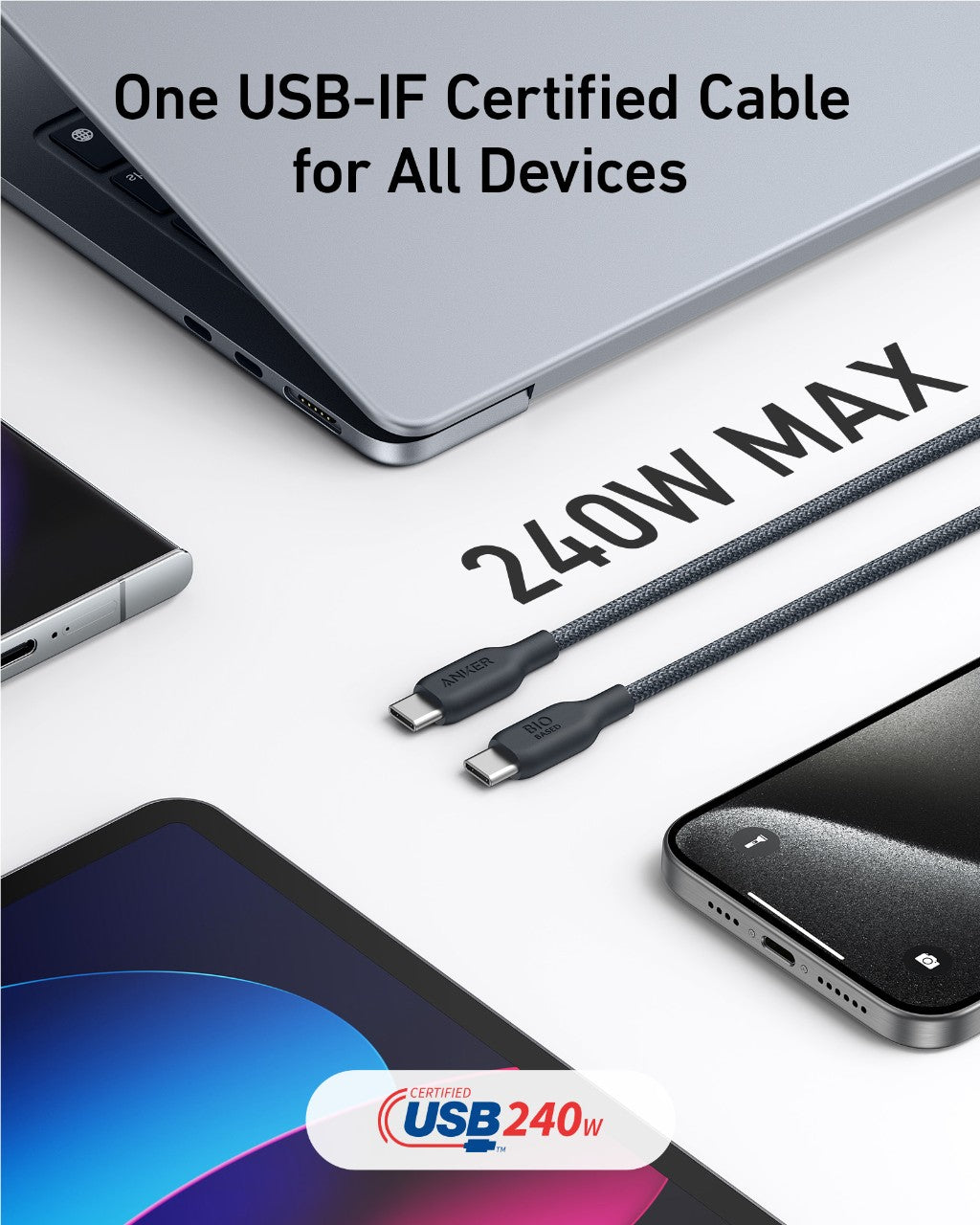 Anker 543 USB-C To USB-C Cable Bio-Braided 6 Ft Fast Charging Nylon Cable With Bio-Based Nylon Exterior