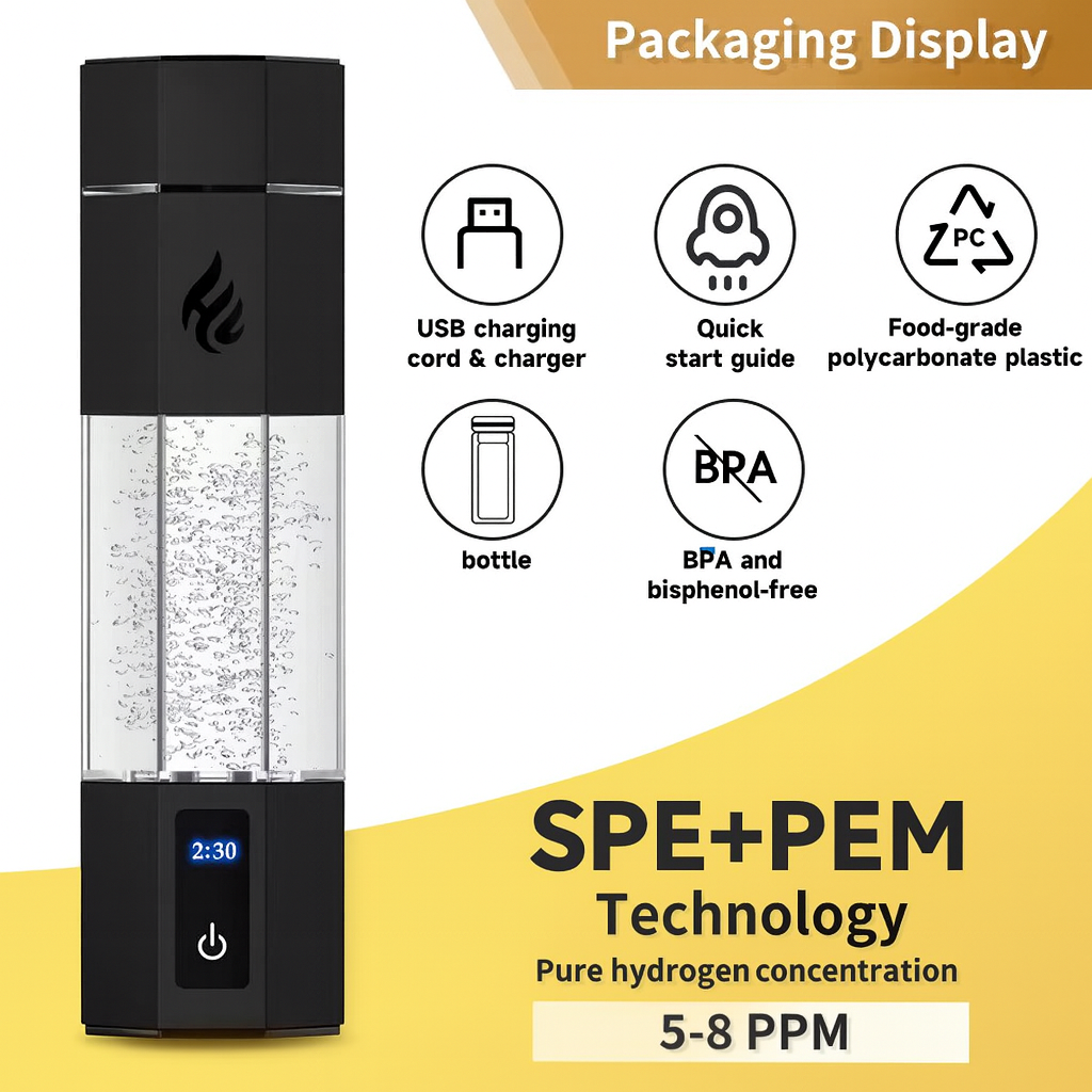 Hydrogen Water Bottle – 300ml | Ultra-High 10,000ppb | SPE/PEM Tech + Wireless Charging