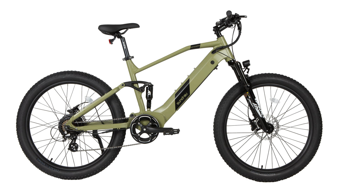 Defender 27.5x3.0 Electric Bike 500W Rear Motor Aluminum Frame Front Suspension 20 MPH 40 Mile Range Samsung Battery