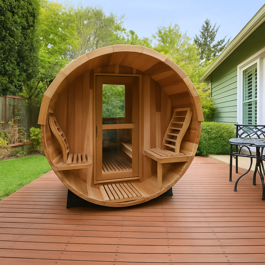 Luxury 6x8 Red Cedar Barrel Sauna – 4–6 Person Outdoor Steam Sauna