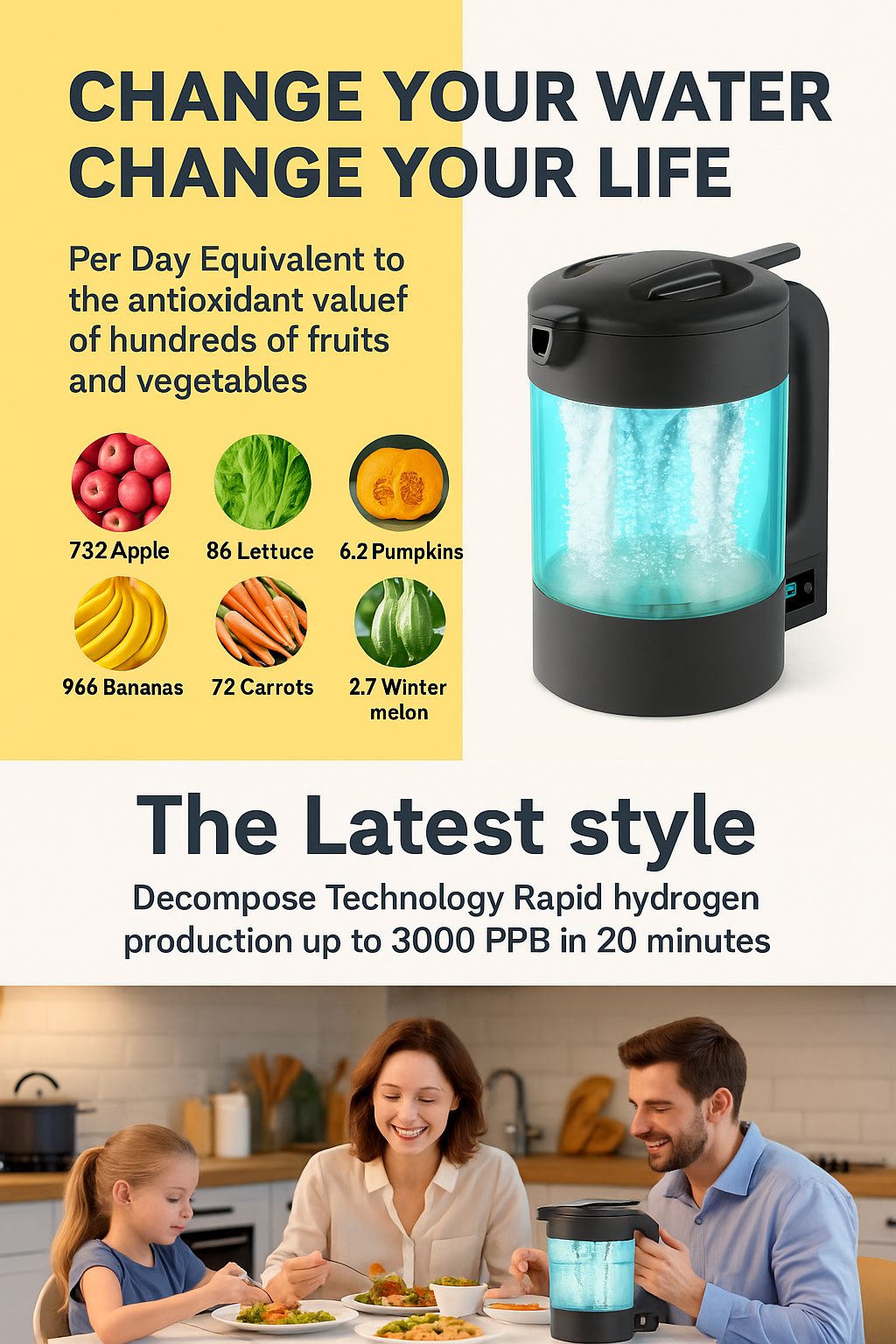 Hydrogen Water Pitcher – 1.8L | Premium PEM/SPE Technology (Certified + 10,000mAh Rechargeable)