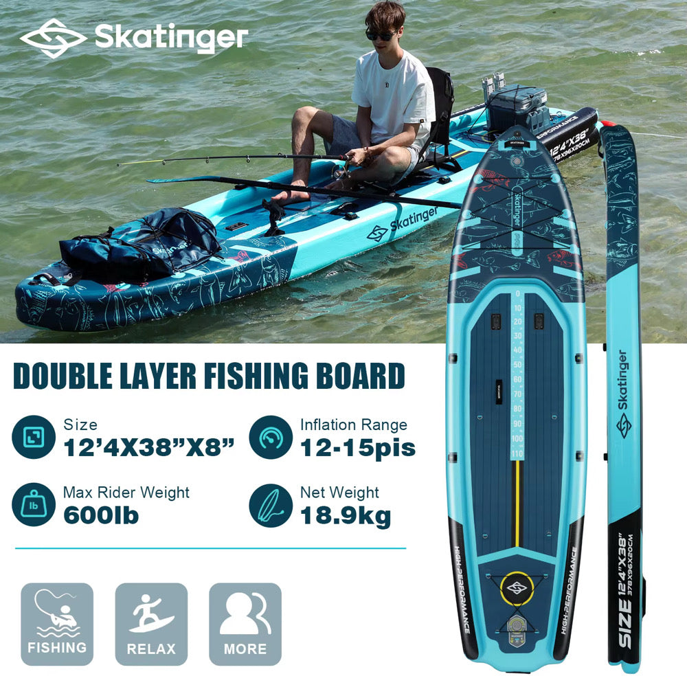 Inflatable Fishing Paddle Board – 12’4” Extra Wide Double-Layer SUP