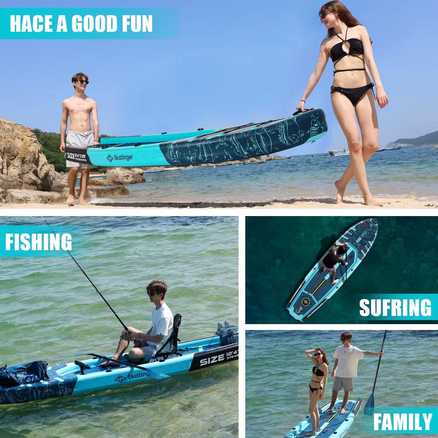 Inflatable Fishing Paddle Board – 12’4” Extra Wide Double-Layer SUP