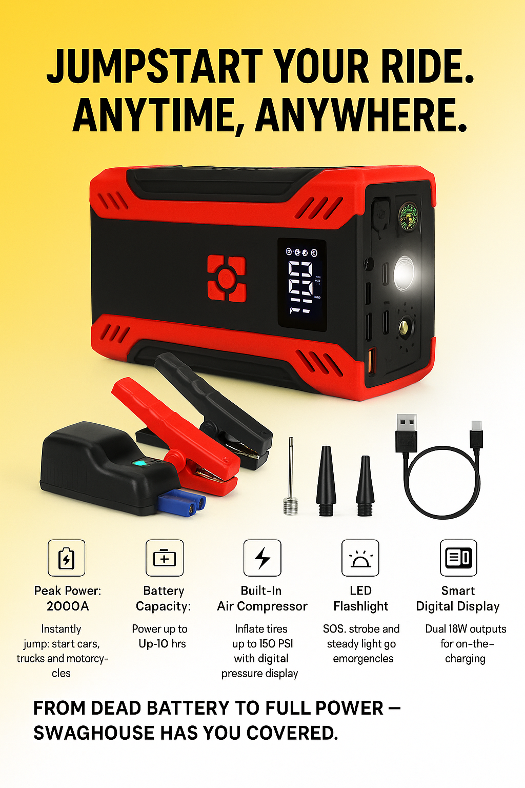 PowerVault 2000 – Portable Jump Starter & Air Compressor for Cars, SUVs, Trucks & Motorbikes (12V, 6.5L Gas / 4.0L Diesel)