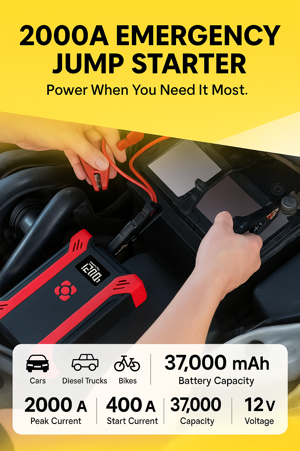 PowerVault 2000 – Portable Jump Starter & Air Compressor for Cars, SUVs, Trucks & Motorbikes (12V, 6.5L Gas / 4.0L Diesel)