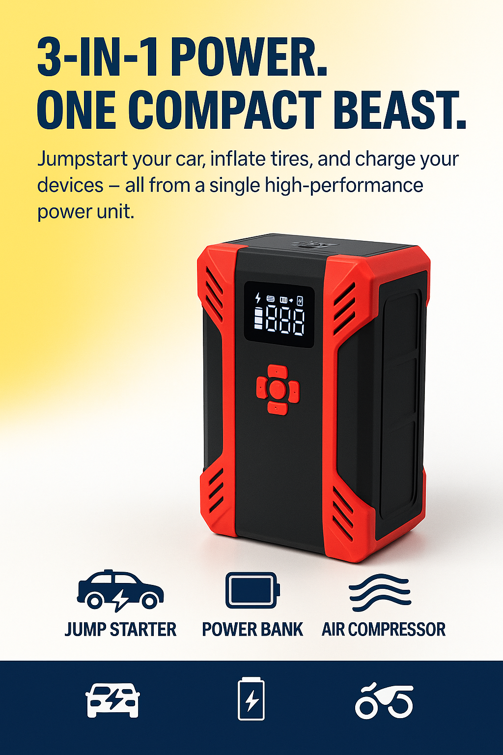 PowerVault 2000 – Portable Jump Starter & Air Compressor for Cars, SUVs, Trucks & Motorbikes (12V, 6.5L Gas / 4.0L Diesel)