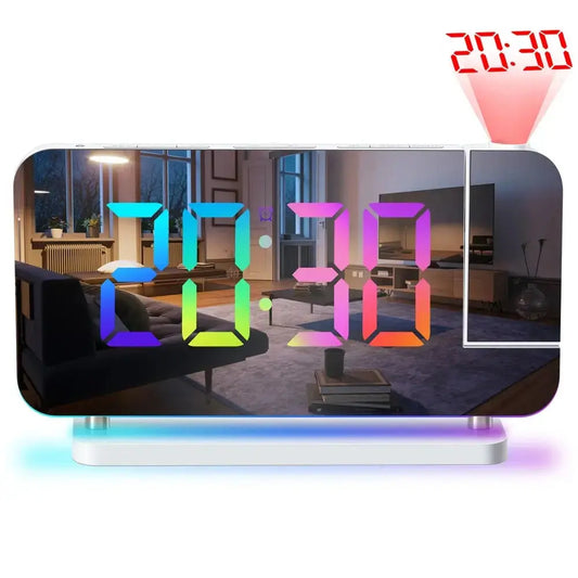 Projection Alarm Clock,7.4" LED Mirror Digital Clocks Large Display,with 180° Rotatable Projector,RGB Night Light,USB C Port,Auto Dimmer, Loud Desk Clock for Heavy Sleeper Bedroom Swag House