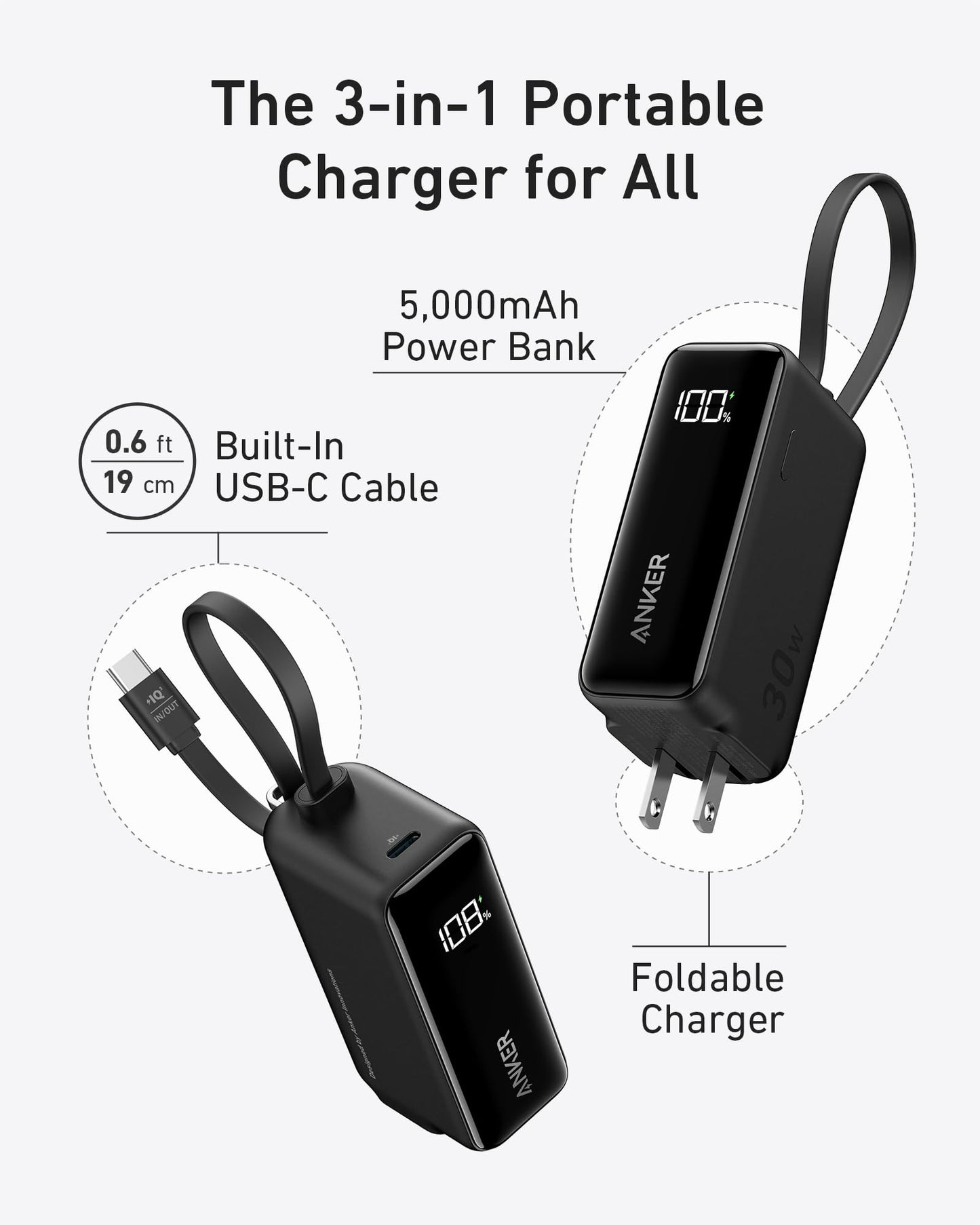 Anker Power Bank (30W, 5k,  Fusion, Built-In USB-C Cable)
