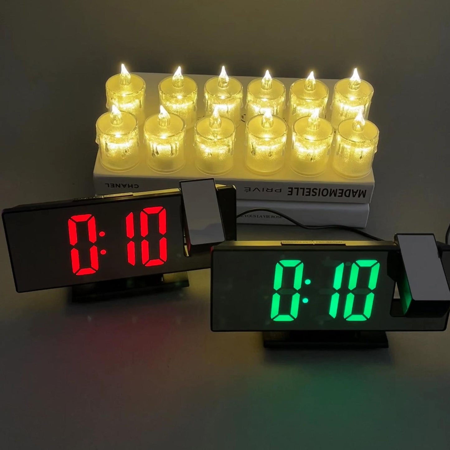 Ultimate Bedside Wake-Up Bundle: Projection Digital Alarm Clock with Free LED Candle Lights