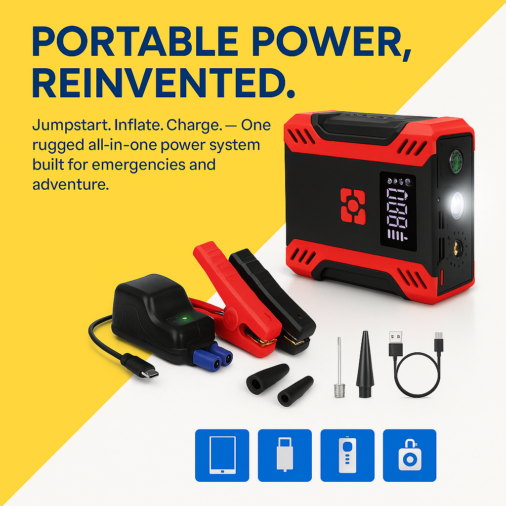 PowerVault 2000 – Portable Jump Starter & Air Compressor for Cars, SUVs, Trucks & Motorbikes (12V, 6.5L Gas / 4.0L Diesel)